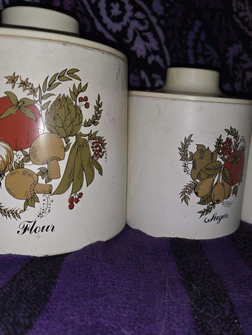 Cream Ceramic Flour & Sugar Canister Set with Red and Green Fruit Motif
